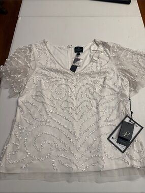 Adrianna Papell Ivory Sequin V-Neck Short Sleeve Top